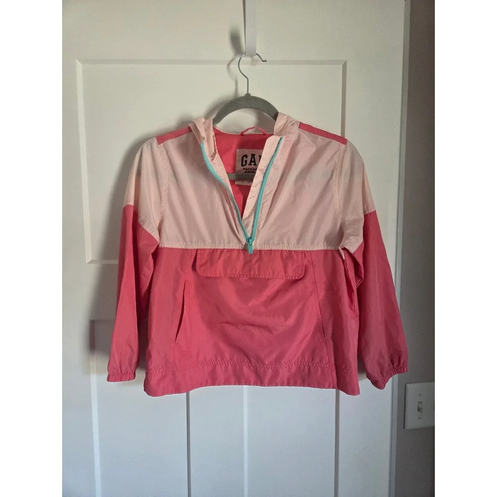 Gap Packable Anorak Pink Colorblock Quarter Zip Hooded Windbreaker Jacket Medium